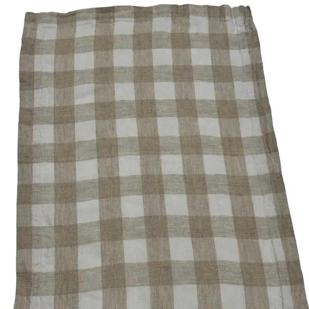 Tan White Check Linen Table Runner 17x100 inches Cottage Core Farmhouse Country